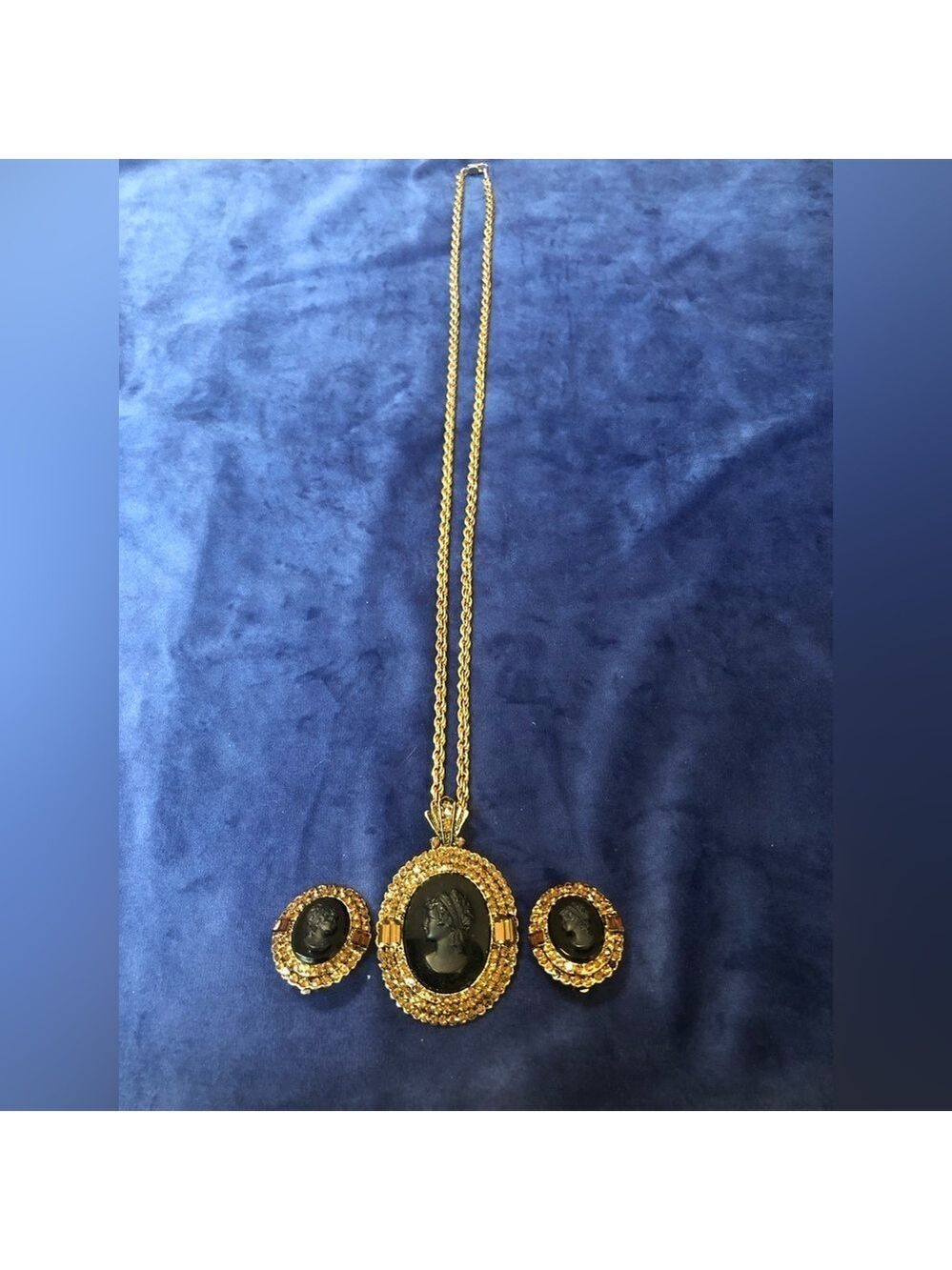 R.J. Graziano Signed Black Onyx Cameo Filigree Necklace and Earrings (Clip on)